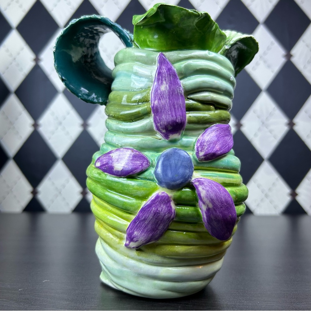 Studio Pottery Vase Coil Design Naive Botanical Applied Flowers Ceramic 8"